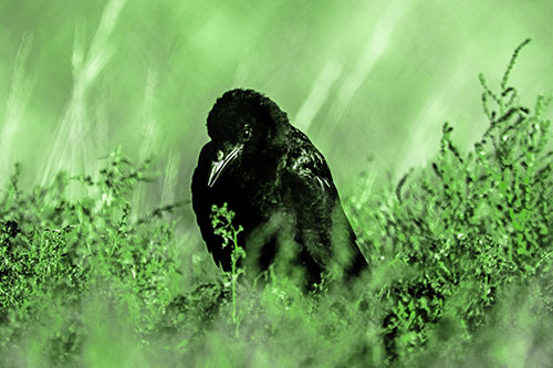 Hunched Over Raven Among Dying Plants (Green Tone Photo)