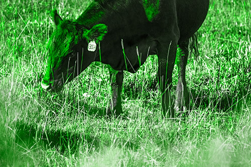 Hungry Cow Enjoying Grassy Meal (Green Tone Photo)