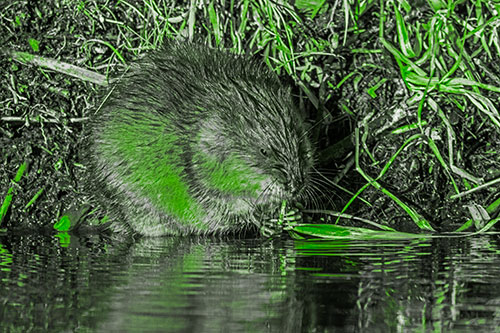 Hungry Muskrat Chews Water Reed Grass Along River Shore (Green Tone Photo)