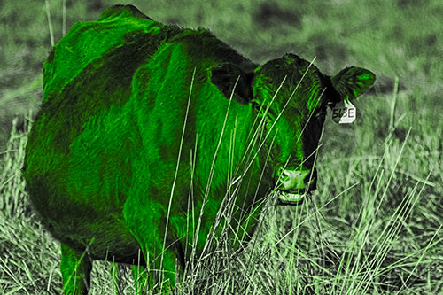 Hungry Open Mouthed Cow Enjoying Hay (Green Tone)