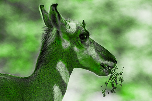 Hungry Pronghorn Gobbles Leafy Plant (Green Tone Photo)