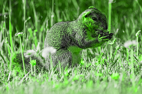 Hungry Squirrel Feasting Among Dandelions (Green Tone Photo)