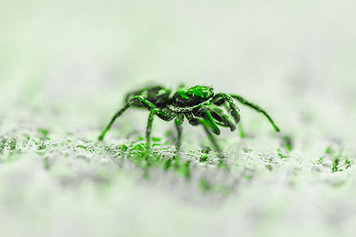 Jumping Spider Crawling Along Flat Terrain (Green Tone Photo)