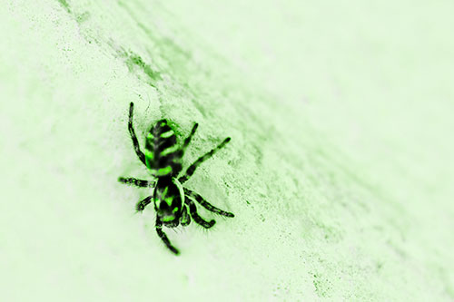 Jumping Spider Crawling Down Wood Surface (Green Tone Photo)