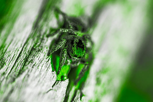 Jumping Spider Perched Among Wood Crevice (Green Tone Photo)