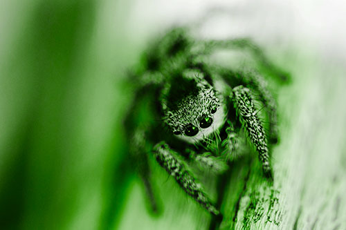 Jumping Spider Resting Atop Wood Stick (Green Tone Photo)
