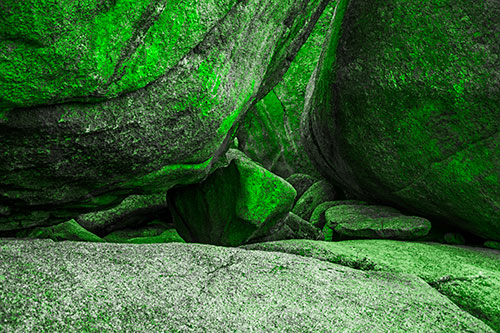 Large Crowded Boulders Leaning Against One Another (Green Tone Photo)