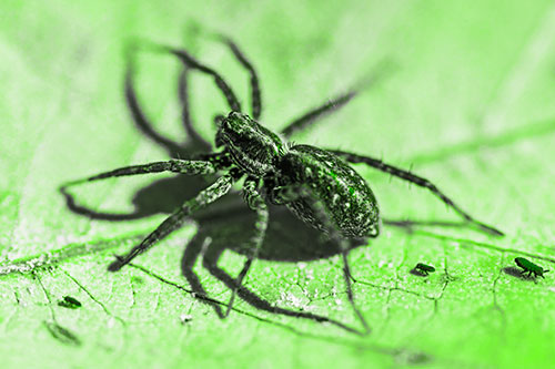 Leaf Perched Wolf Spider Stands Among Water Springtail Poduras (Green Tone Photo)