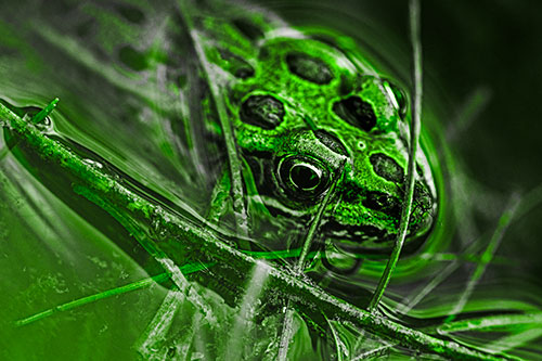 Leopard Frog Keeping Eye Out Above Water (Green Tone)