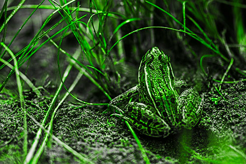 Leopard Frog Sitting Among Twisting Grass (Green Tone Photo)