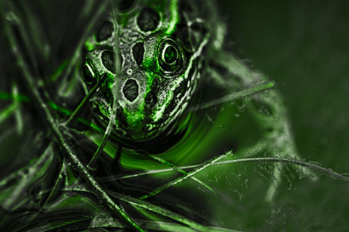 Leopard Frog Stares Among Shoreline Water (Green Tone)