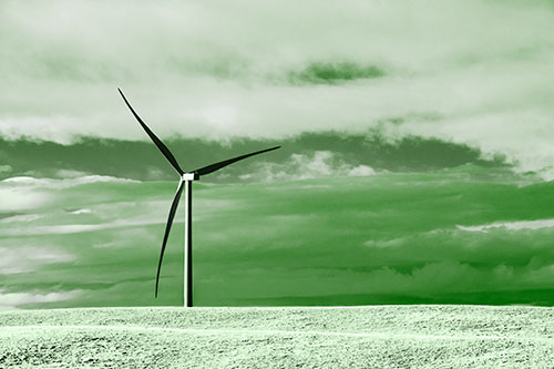 Lone Wind Turbine Standing Along Dry Prairie Horizon (Green Tone Photo)
