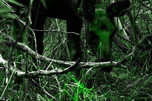Moose Scouring Through Plants On Ground (Green Tone Photo)