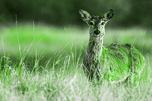 Motionless White Tailed Deer Watches Among Tall Grass (Green Tone)