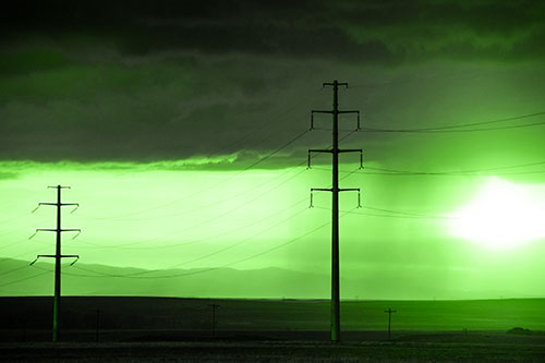 Mountain Rainstorm Sunset Beyond Powerlines (Green Tone Photo)