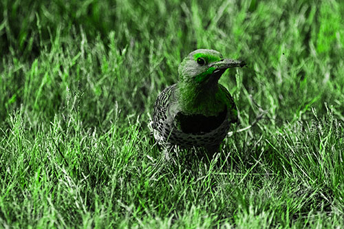 Northern Flicker Woodpecker Digging Up Dirt (Green Tone)