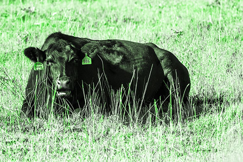 Open Mouthed Cow Resting On Grass (Green Tone Photo)