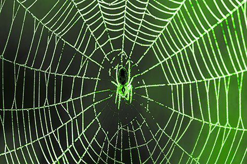 Orb Weaver Spider Rests Among Web Center (Green Tone Photo)