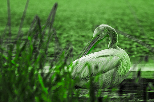 Pelican Grooming Beyond Water Reed Grass (Green Tone Photo)