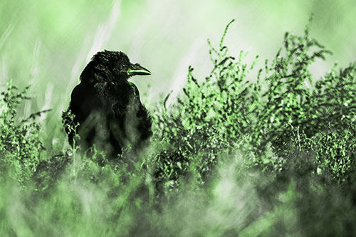 Raven Glancing Sideways Among Plants (Green Tone Photo)