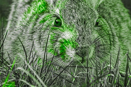 Resting Bunny Rabbit Watches Closely Among Grass Blades (Green Tone)