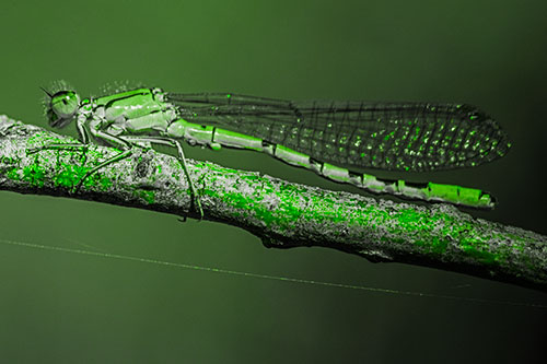 Resting Damselfly Spread Across Branch (Green Tone)