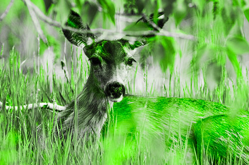 Resting White Tailed Deer Watches Surroundings (Green Tone Photo)