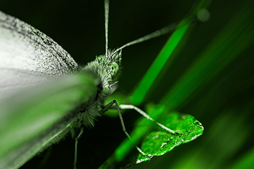 Resting Wood White Butterfly Perched Atop Leaf (Green Tone Photo)