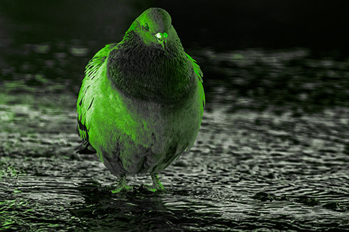 River Standing Pigeon Watching Ahead (Green Tone)