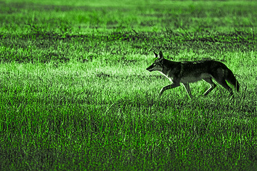 Running Coyote Hunting Among Grass Prairie (Green Tone Photo)