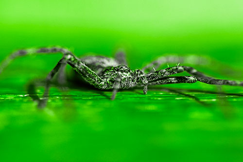 Running Crab Spider Resting Among Bench (Green Tone)