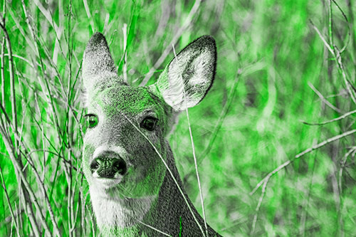 Scared White Tailed Deer Among Branches (Green Tone Photo)