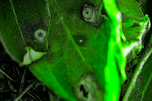 Shocked Fuzzy Decaying Leaf Face Among Sunlight (Green Tone Photo)