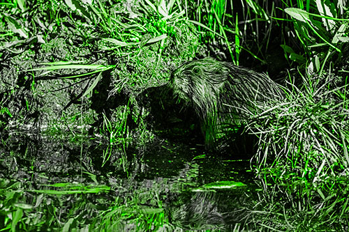 Shy Muskrat Sits Among Shallow Stream (Green Tone)