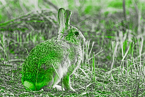 Sitting Bunny Rabbit Among Broken Plant Stems (Green Tone Photo)