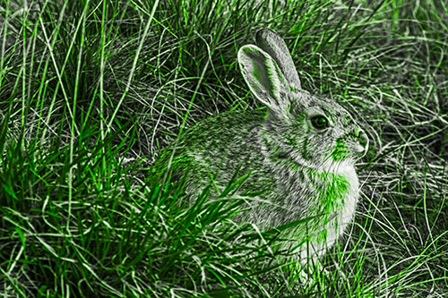Sitting Bunny Rabbit Enjoying Sunrise Among Grass (Green Tone Photo)