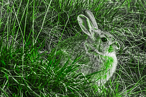 Sitting Bunny Rabbit Enjoying Sunrise Among Grass (Green Tone)