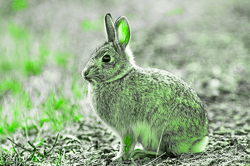 Sitting Bunny Rabbit Perched Beside Grass Blade (Green Tone Photo)