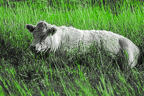 Sleeping Cow Resting Among Grass (Green Tone Photo)