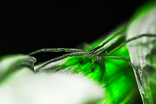 Slender Crab Spider Sprawled Out Among Plant (Green Tone)