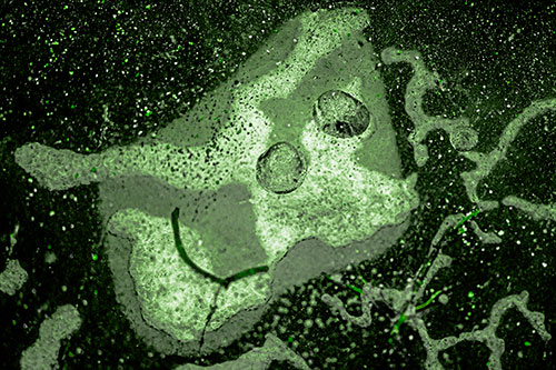 Smiley Bubble Eyed Block Face Below Frozen River Ice Water (Green Tone Photo)