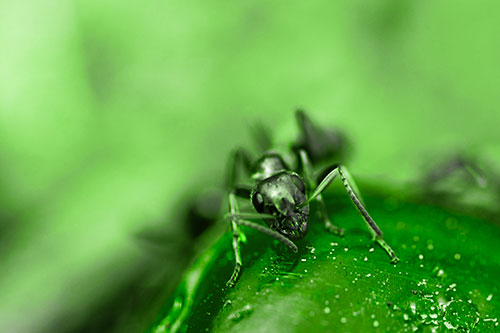 Snarling Carpenter Ant Guarding Sugary Treat (Green Tone Photo)
