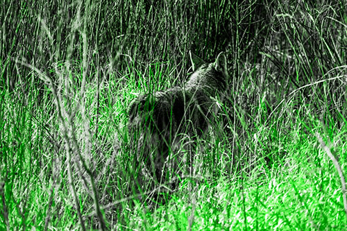 Sneaking Coyote Hunting Through Trees (Green Tone Photo)