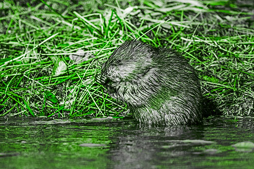 Soaked Muskrat Nibbles Grass Along River Shore (Green Tone Photo)