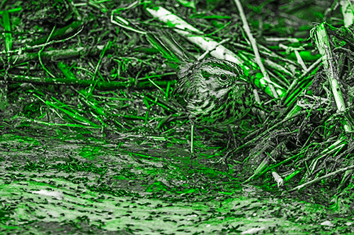 Song Sparrow Peeking Around Sticks (Green Tone Photo)