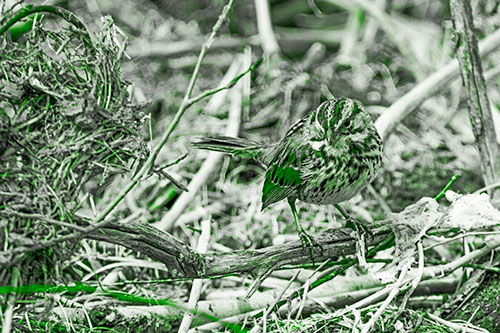 Song Sparrow Standing Atop Broken Branch (Green Tone Photo)