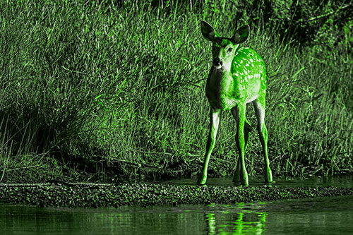 Spotted White Tailed Deer Standing Along River Shoreline (Green Tone)