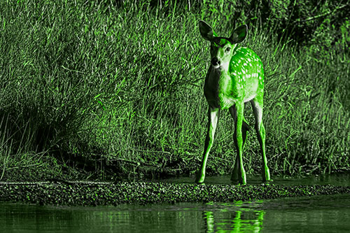 Spotted White Tailed Deer Standing Along River Shoreline (Green Tone Photo)