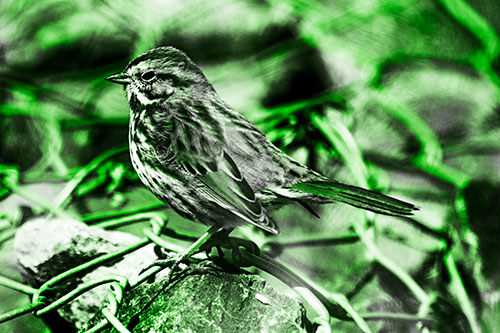 Squinting Song Sparrow Perched Atop Chain Link Fencing (Green Tone Photo)