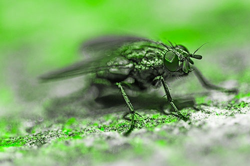 Standing Cluster Fly Getting Suntan Atop Rock (Green Tone)